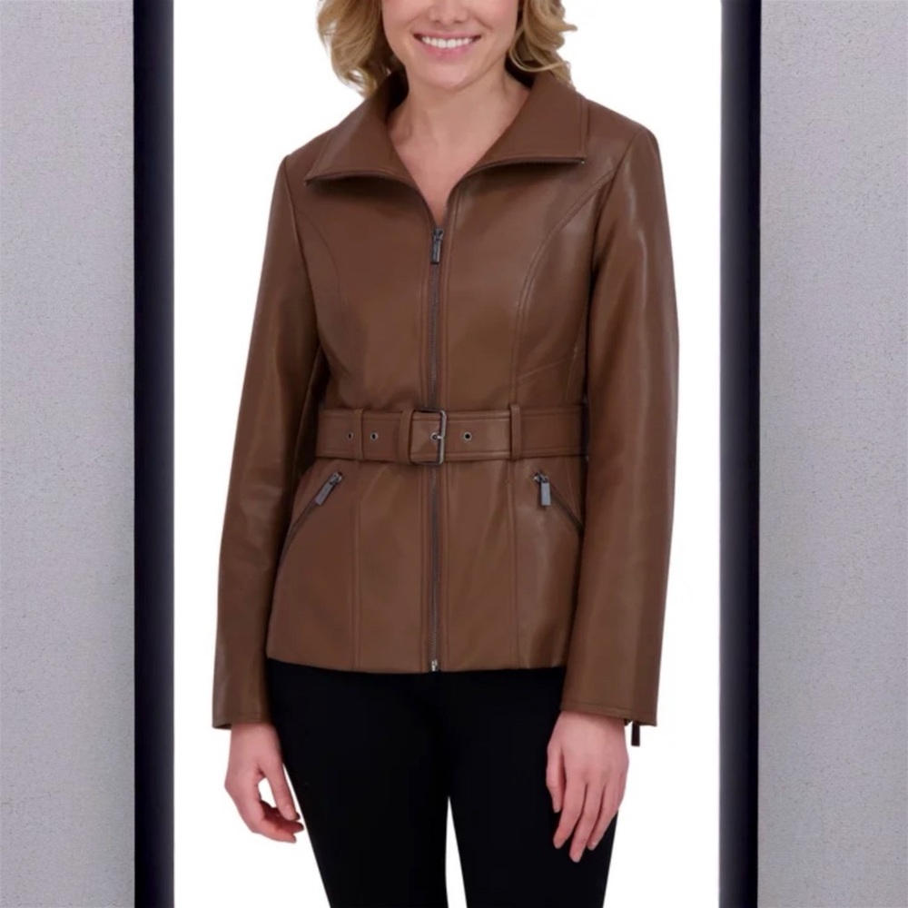 NWT Kenneth Cole Tan Faux Leather Jacket for Women size M